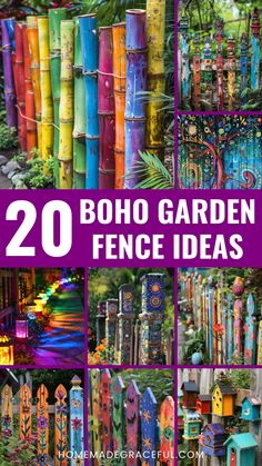 boho garden fence ideas Boho Fence, Decorate A Fence, Fence Painting Ideas, Fence Decorating Ideas, Outdoor Fence Decor, Fence Painting, Wooden Fences, Garden Fence Ideas