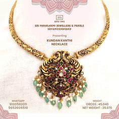 No bridal trousseau is ever complete without a Gold and Kundan Kanthi Necklace. This one is not only a value addition to your collection, but also matches beautifully with every Indian attire. You can buy this one from Sri Mahalakshmi Jewellers and Pearls, Secunderabad. Call/WhatsApp: +91 9100592011 | +91 9652005510 to Shop on Video Call. Kanthi Necklace Gold, Sri Mahalakshmi Gems And Jewellers, Mahalakshmi Jewellers, Bridal Trousseau, Wedding Saree Collection, Bride Jewelry, Gold Bride Jewelry, Diamond Jewel, Jewelry Design Earrings