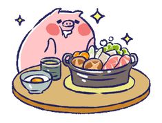 a cartoon pig sitting in front of a bowl of food