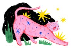 a drawing of a pink cat with stars on its back