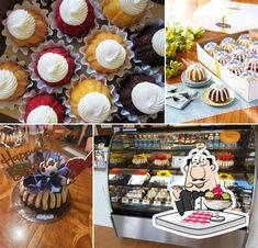 there are many cupcakes on display in this collage, including one with a cartoon character