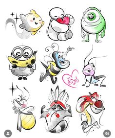 an image of cartoon characters drawn in pencil and watercolor on paper with marker pens