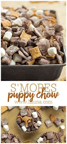 s'mores puppy chowie is in a pan with marshmallows