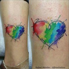 two watercolor tattoos on the legs of people who are both showing their love for each other