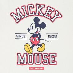 mickey mouse t - shirt in white with red and blue lettering on the front, which reads mickey since 1932