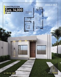 an architectural rendering of a modern house with the floor plan and measurements for each room