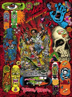 an image of a skateboard poster with skulls and other things on the back ground