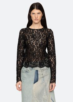 Suzy Top Long Sleeve Lace Patchwork Top For Night Out, Long Sleeve Lace Top For Night Out, Chic Scalloped Lace Top For Fall, Scalloped Lace Long Sleeve Top For Night Out, Fitted Lace With Lace Trim For Night Out, Fitted Scalloped Lace Blouse, Chic Fitted Lace Top, Black Scalloped Lace Long Sleeve Tops, Long Sleeve Tops With Scalloped Lace For Evening