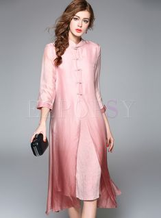 Shop for high quality Elegant Silk Pure Color Shift Dress online at cheap prices and discover fashion at Ezpopsy.com Floral Dress Midi, Pink Silk Dress, Elegante Casual, Straight Dress, Hijab Style, Daily Dress, Midi Dress With Sleeves, The Groom