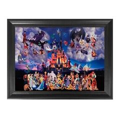 disney's castle with all the characters and their names on it, framed in black wood