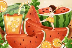 an illustration of a girl standing on slices of watermelon and holding a straw