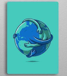 a blue and green square with an image of the earth hugging hands