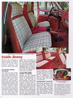 the inside of an old car with red and white plaid upholstered seat covers