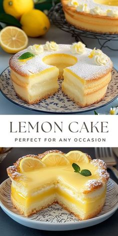 the lemon cake is cut in half and ready to be eaten