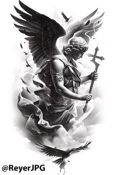 a black and white drawing of an angel holding a cross with two birds flying around