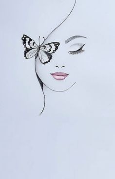 a drawing of a woman with a butterfly on her head