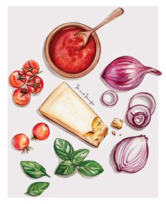 an illustration of various vegetables including tomatoes, onions and garlic