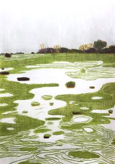 a drawing of water and grass with trees in the background