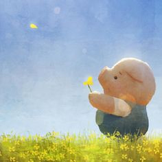 a painting of a teddy bear sitting in the grass with a flower in its mouth