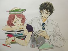 a drawing of two people with books on their heads