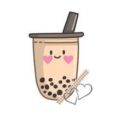 a coffee cup with hearts on the side and a straw in its mouth is shown