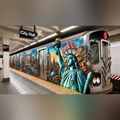 a subway car with the statue of liberty painted on it