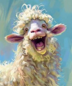 a painting of a sheep with its mouth open