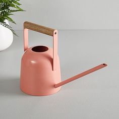 a pink watering can next to a potted plant