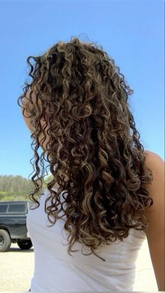 Highlights On Long Curly Hair, Brown Highlighted Curly Hair, Wavy Curly Hair Dye Ideas, Highlits Curly Hair, Long Curly Permed Hair, Hair Highlights For Dark Hair Curly, Hair Dyes For Curly Hair, 3a Long Curly Hair, Summer Highlights Curly Hair