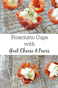 prosciutto cups with goat cheese and pears on a wire cooling rack