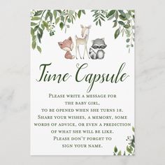 a white card with green leaves and woodland animals on it, says time capsulee