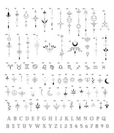 the alphabet and numbers are all drawn in black ink, with different symbols on them