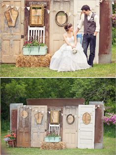 two pictures of a woman in a wedding dress sitting on a chair next to an outhouse