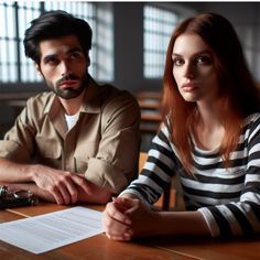 a man and woman sitting at a table in front of a piece of paper that is on top of a clipboard