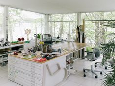 an office with lots of desk space and plants in the window sill, on one side of the room