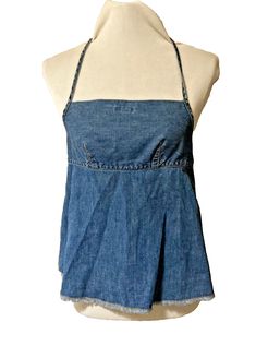 Vintage Denim Earl Jeans Halter Top, Never Worn! Fitted Washed Summer Tops, Summer Stretch Denim Top In Denim Blue, Summer Stretch Denim Blue Top, Fitted Medium Wash Denim Top For Summer, Dark Wash Cotton Denim Top For Day Out, Summer Denim Washed Tops, Summer Washed Denim Tops, Summer Dark Wash Washed Tops, Stretch Medium Wash Denim Top For Summer