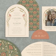 the wedding stationery is designed to look like art deco