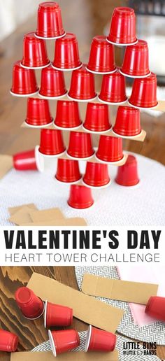 valentine's day heart tower challenge with red cups and cardboard boxes on the table