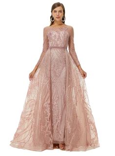 A-line Jewel Floor-length Long Sleeve Appliques Lace Sequined Prom Dre – Ballbella Dress Display, Corset Dress Prom, Sequin Sleeve, Lace Side, Custom Size Dresses, Prom Formal, Linnet, Pink Long Sleeve, Formal Dresses Prom