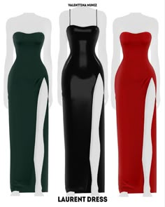 three different colored dresses with white and black stripes on the sides, one in red, one in green