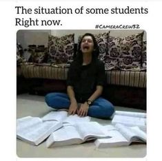 a woman sitting on the floor in front of an open book with text that reads, the situation of some students right now