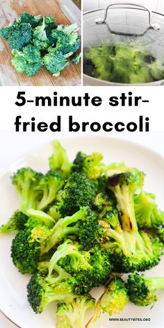 broccoli florets are being cooked on a white plate