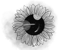 a drawing of a sunflower with planets in the center