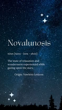 Novalunosis (n.) – The state of relaxation and wonderment experienced while gazing upon the stars. Goodnight Poetry, Whimsical Words, Poetry Lovers, Unique Words Definitions, Words That Describe Feelings, Uncommon Words, Fancy Words, Weird Words, Good Vocabulary Words