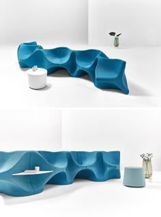 two photographs of a blue couch and vase