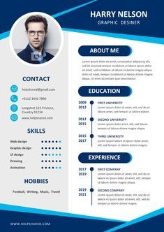 a blue and white resume template with an image on the front, side and back