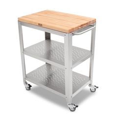 a wooden cutting board sitting on top of a metal cart