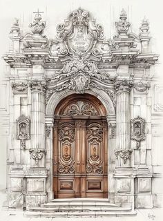 a drawing of an old building with two wooden doors and ornate carvings on the front