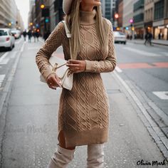 Olivia Mark - High-neck Slim-fit Long Thermal Sweater Dress