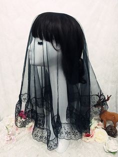 Veil Length: 80cm-100cm.Lace Width: 6cm.Attention: This price includes a veil only, others are not included. Organza Veil For Ceremony, Lace Ceremony Veil, Black Wedding Veil With Lace Trim, Black Lace Wedding Veil, Gothic Veil, Veil Mask, Embroidery Veil, Visual Prison, Veiled Hats